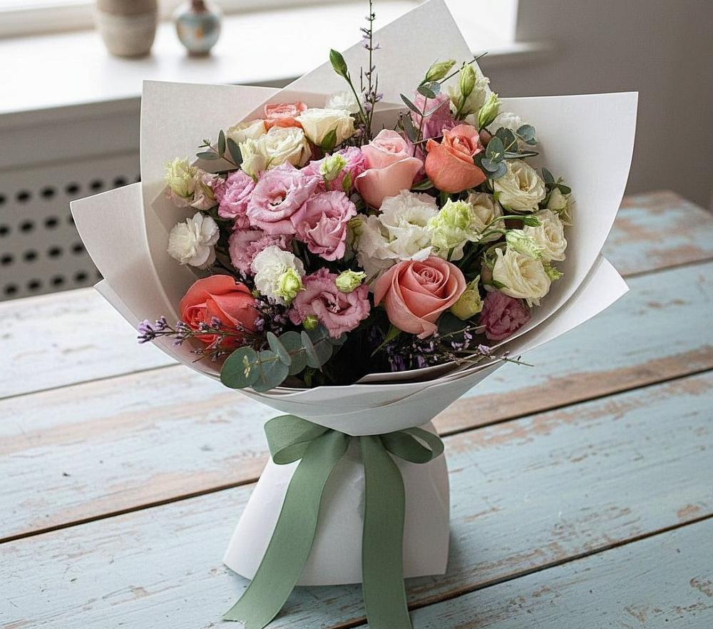 Букет цветов из: Розы, Лизиантусы и Гвоздики в Оханске