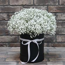 Цветочная композиция из Гипсофила в шляпной коробке в Оханске