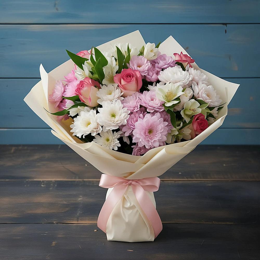 Букет цветов из: Хризантемы, Альстромерии и Розы в Оханске